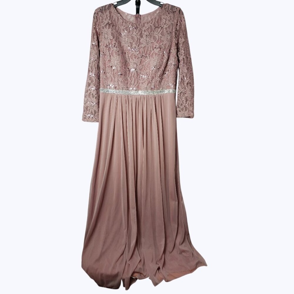 Celavie Long Bodice Lace & Chiffon Gown With SequinWith Rhinestone Mauve Large - Picture 3 of 16